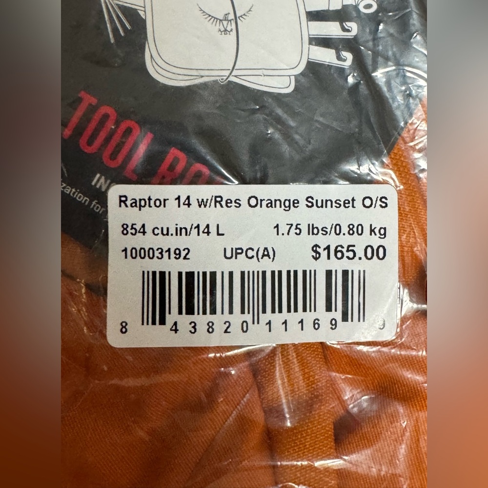 Osprey Raptor Biking Backpack W/ Hydraulics Reservoir, Orange 14L NWT’S - Picture 7 of 8